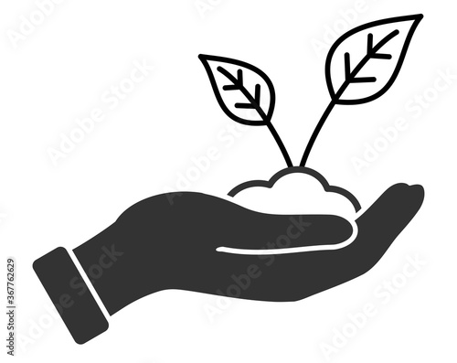 Plant sprout growing in hand palm vector icon logo.