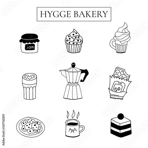 Bakery vector icons. Scandinavian coffee break illustration. Hand drawn pastry.