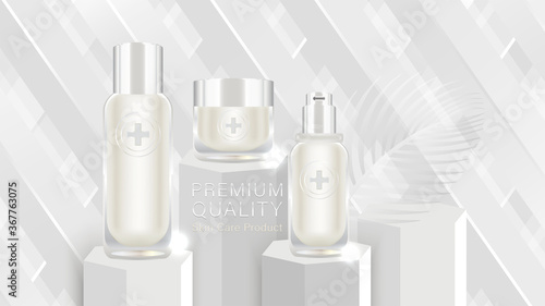 Beauty product ad design, white cosmetic containers with white background ready to use, luxury skin care banner, illustration vector.