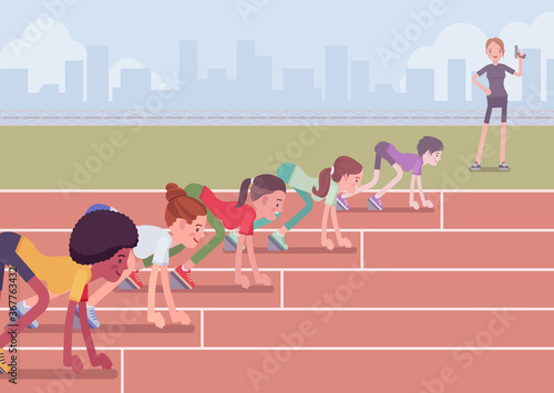 Female athletes ready for competition. Young sporty people wearing sportswear on start for running long-distance race, beginning jogging competition, sprinting. Vector flat style cartoon illustration