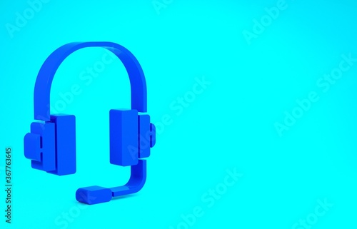 Blue Headphones icon isolated on blue background. Support customer service, hotline, call center, faq, maintenance. Minimalism concept. 3d illustration 3D render.