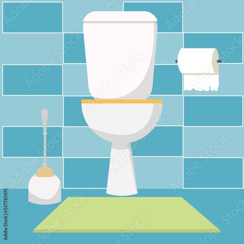 Toilet interior with toilet paper, modern comfortable and clean place stock vector illustration. Bright colorful composition, indoor furniture