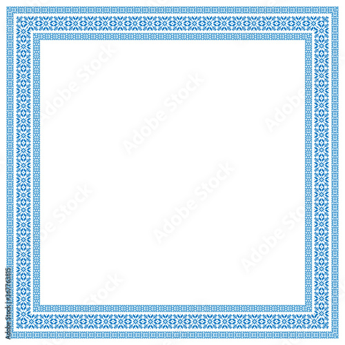 Photo frame with a blue Scandinavian pattern on a white background.