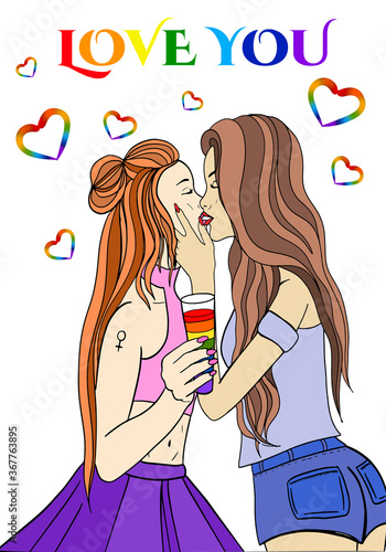 Lesbian couple. Hand drawn illustration of young girls kissing each other. Rainbow phrase and hearts. Same sex love. Greeting card of LGBT love. Isolated on white background. LGBT woman couple.
