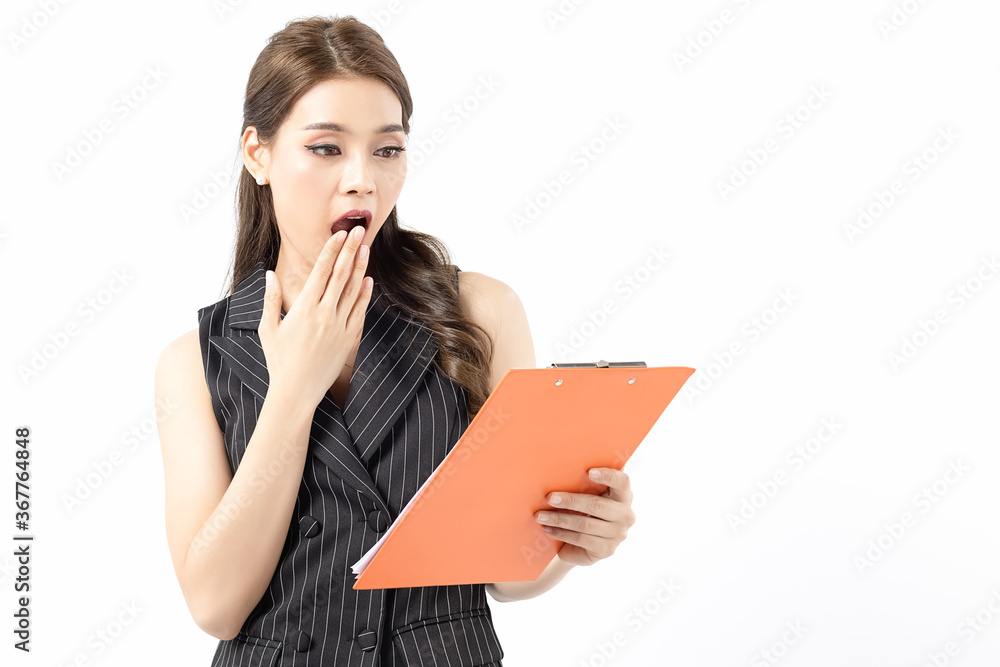 Portrait happy beautiful young asian business woman long hair standing and holding clipboard and smile over white background. With copy space for your text. Portrait happy beautiful young asian business woman long hair standing and holding clipboard and smile over white background. With copy space for your text.