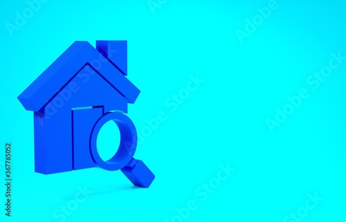 Blue Search house icon isolated on blue background. Real estate symbol of a house under magnifying glass. Minimalism concept. 3d illustration 3D render.