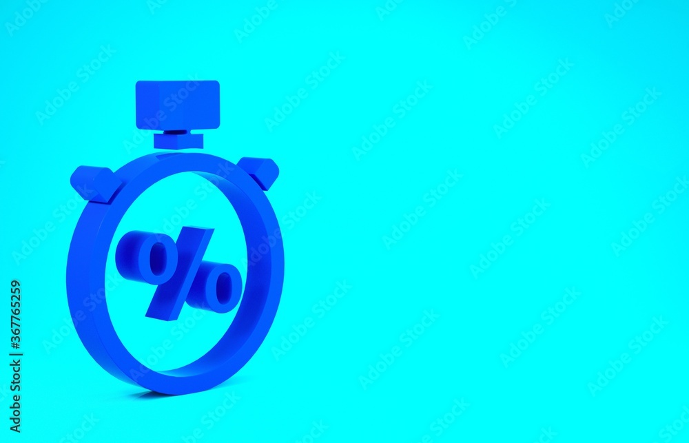 Blue Stopwatch and percent icon isolated on blue background. Time timer sign. Minimalism concept. 3d illustration 3D render. Blue Stopwatch and percent icon isolated on blue background. Time timer sign. Minimalism concept. 3d illustration 3D render.