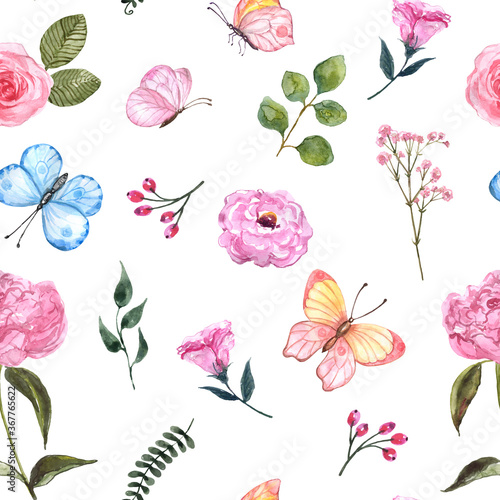 Watercolor cute floral seamless pattern. Summer pink flowers, green leaves, b...