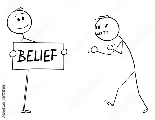 Vector cartoon stick figure drawing conceptual illustration of confident person facing aggressive angry violent man with belief sign in hands.