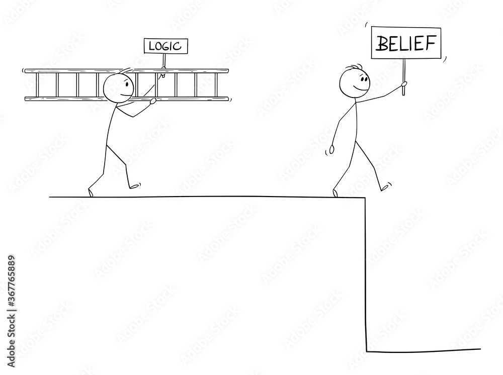 Vector cartoon stick figure drawing conceptual illustration of man with faith or belief hoping in help of superior power, predestination, god or luck, intelligent man of logic is looking for problem Vector cartoon stick figure drawing conceptual illustration of man with faith or belief hoping in help of superior power, predestination, god or luck, intelligent man of logic is looking for problem