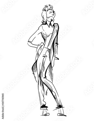 Hand drawn fashion young woman on white isolated background. Lady model one line drawing art sketch. Girl in female tailcoat, suit. Beauty outline figure. Continuous style. Vector stock illustration.