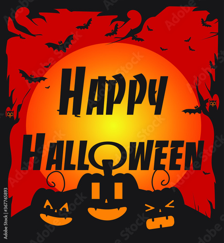 Happy Halloween background vector with pumpkins  bats and text