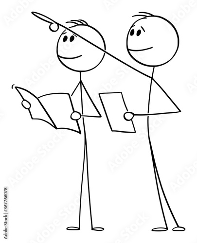 Vector cartoon stick figure drawing conceptual illustration of two men or tourists Pointing and looking at something big or high and reading about in information booklet, brochure or paper about