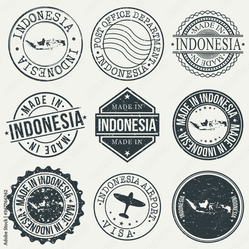 Indonesia Set of Stamps. Travel Stamp. Made In Product. Design Seals Old Style Insignia.