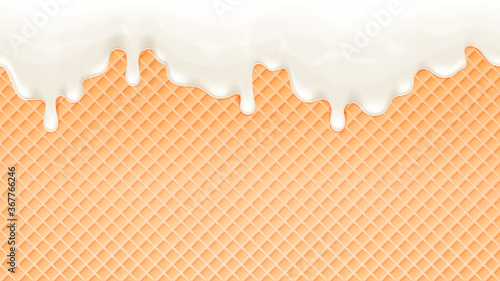 Dripping melting ice cream and wafer background. Vector illustration.