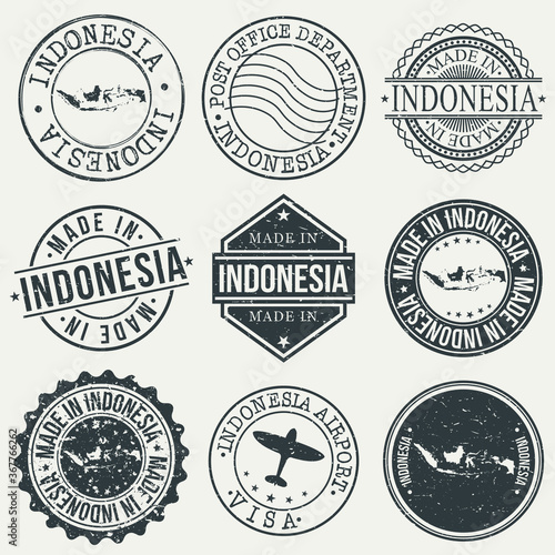 Indonesia Set of Stamps. Travel Stamp. Made In Product. Design Seals Old Style Insignia. © josepperianes