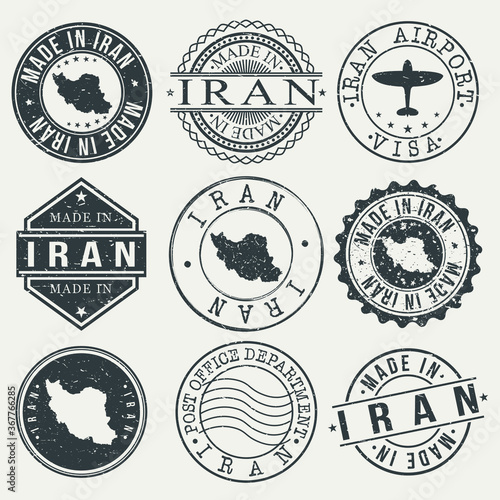 Iran Set of Stamps. Travel Stamp. Made In Product. Design Seals Old Style Insignia.
