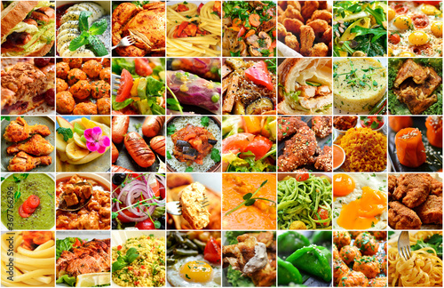 Natural food collage. Food background. Vegetable and meat dishes.