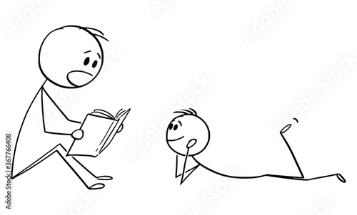 Vector cartoon stick figure drawing conceptual illustration of father or parent reading book to his son or child.