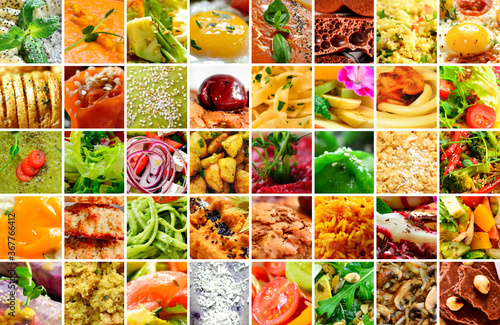 Natural food collage. Food background. Vegetable dishes and fruits close-up