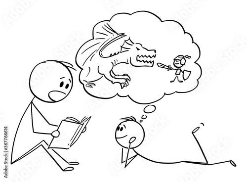 Vector cartoon stick figure drawing conceptual illustration of father or parent reading book to his son or child.