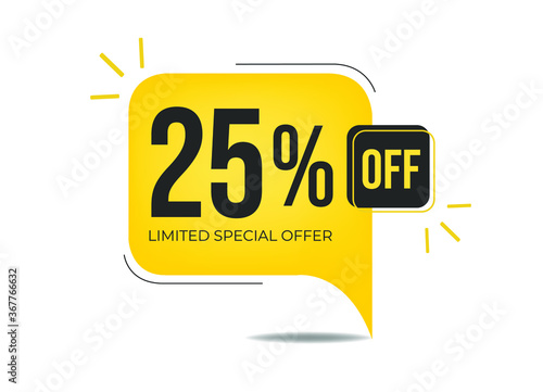 25% off limited special offer. Banner with twenty-five percent discount on a yellow square balloon.