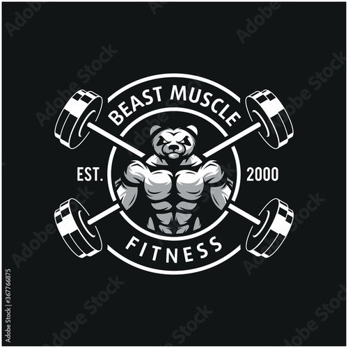 Panda with strong body, fitness club or gym logo. Design element for company logo, label, emblem, apparel or other merchandise. Scalable and editable Vector illustration.