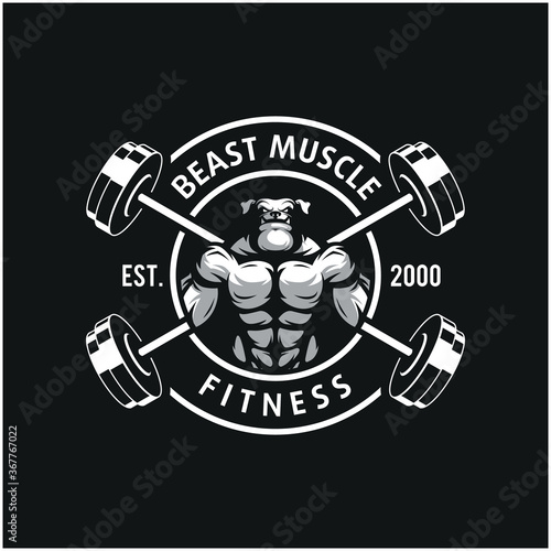 Dog bulldog k9 with strong body, fitness club or gym logo. Design element for company logo, label, emblem, apparel or other merchandise. Scalable and editable Vector illustration.