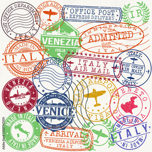 Venice Italy Stamp Vector Art Postal Passport Travel Design Set Badge Rubber.
