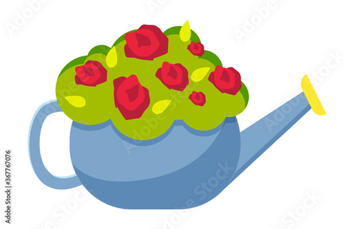 Watering can vase with flowers concept isolated on white background. Red flowers in vase vector flat design. Cartoon illustration of blue watering can vase with bouquet. Potted garden flowering plant