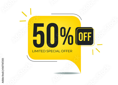 50% off limited special offer. Banner with fifty percent discount on a yellow square balloon.