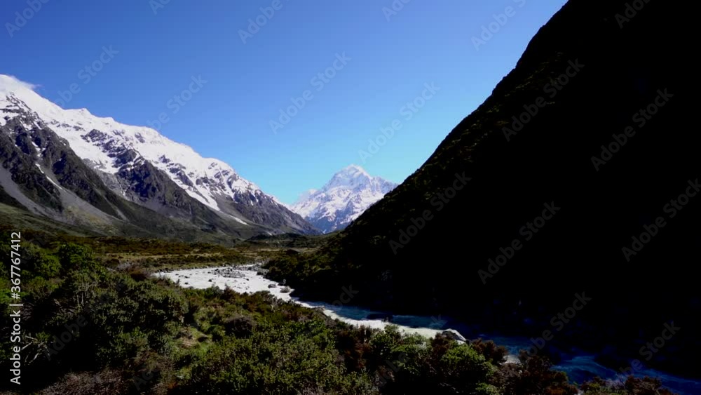 Sunny Hooker valley and Hooker river with Mount Cook Sunny Hooker valley and Hooker river with Mount Cook