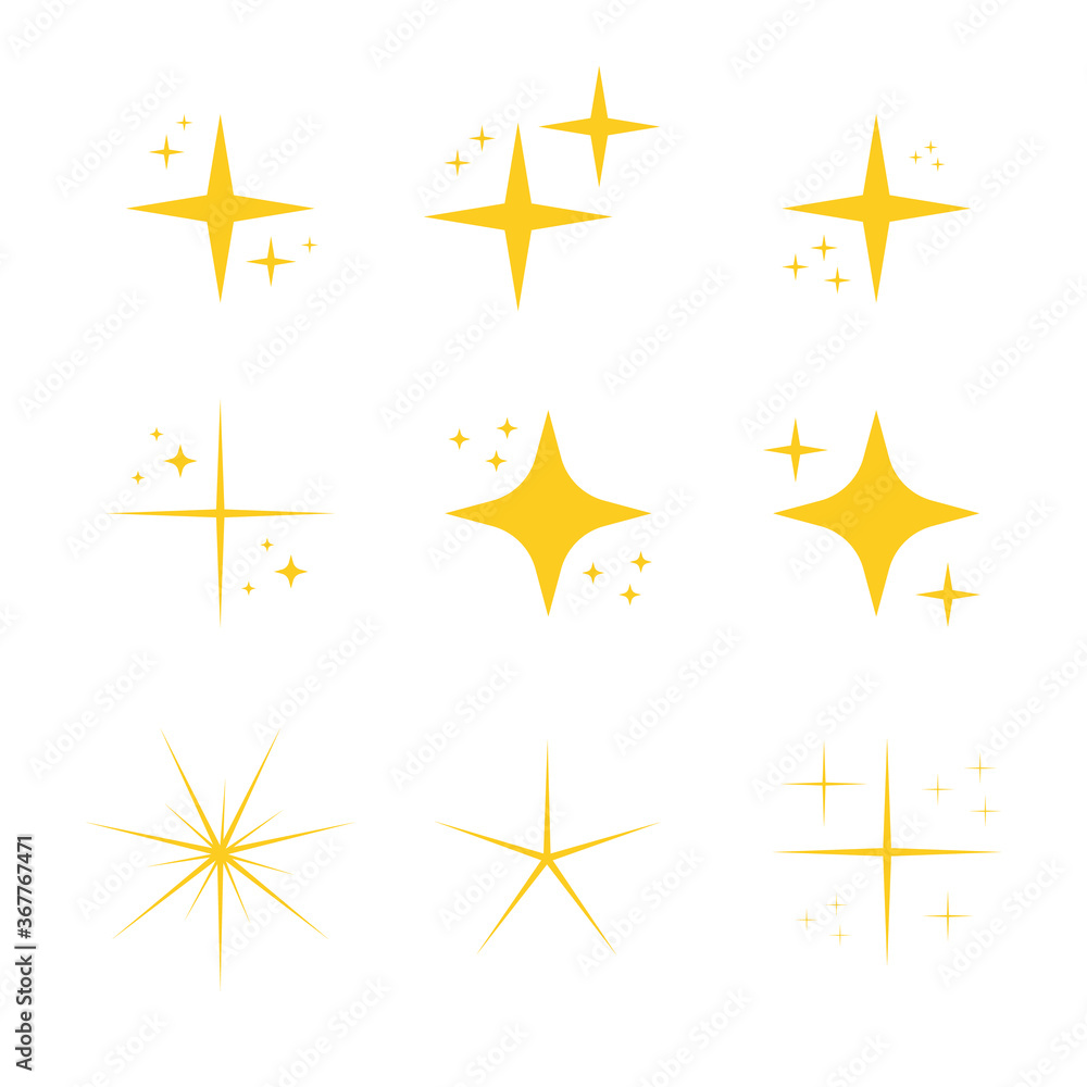 Set of yellow sparkles with star beam effect Set of yellow sparkles with star beam effect