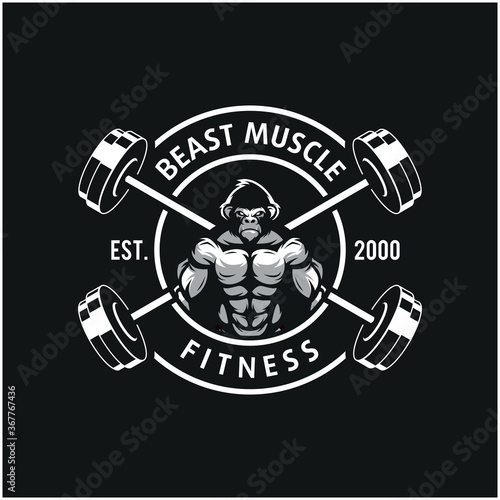 Gorilla with strong body, fitness club or gym logo. Design element for company logo, label, emblem, apparel or other merchandise. Scalable and editable Vector illustration