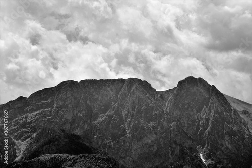 Giewont, mountain massif in the Tatra Mountains of Poland. It comprises three peaks: Small Giewont, Great Giewont and Long Giewont. Black and white photo