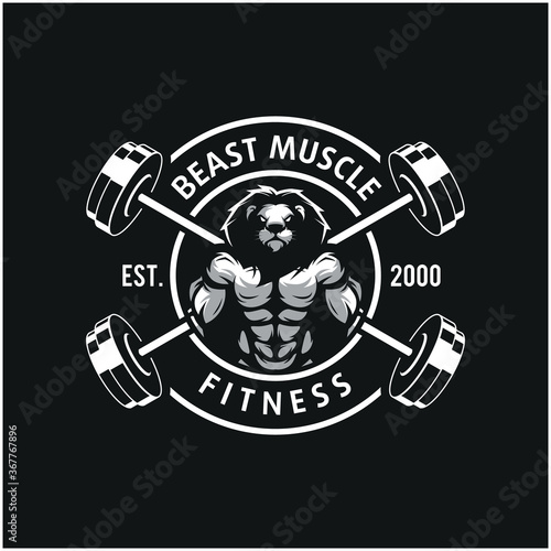 Lion with strong body, fitness club or gym logo. Design element for company logo, label, emblem, apparel or other merchandise. Scalable and editable Vector illustration