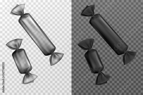 Black foil candy wrappers isolated on transparent background. Blank sweets packages for lollipops, chocolate and caramels production, design elements for ad. Realistic 3d vector illustration, clip art