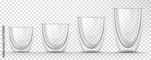 Vector realistic set of glass empty cups different sizes on transparent background. 3d glassware for coffee, tea, juice, bar beverage, alcohol drink. Double wall mug mockup for restaurant, cafe design