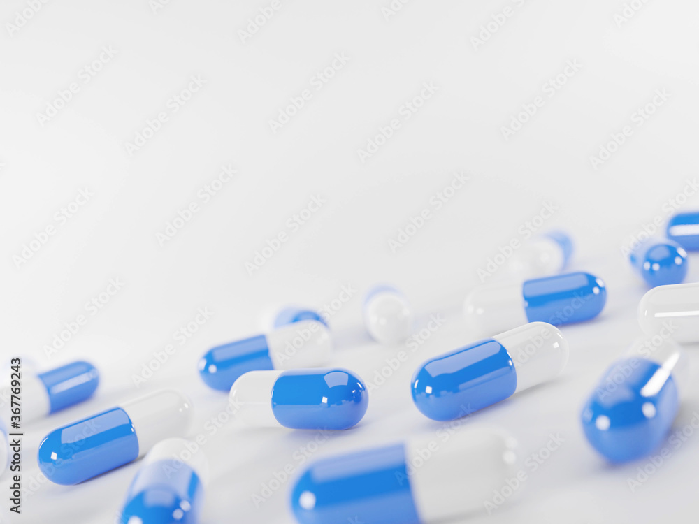 Close-up scattered drug of blue medicine capsules on white background. Medical, healthcare and pharmacy concept. Copy and empty space for text. 3D rendering.