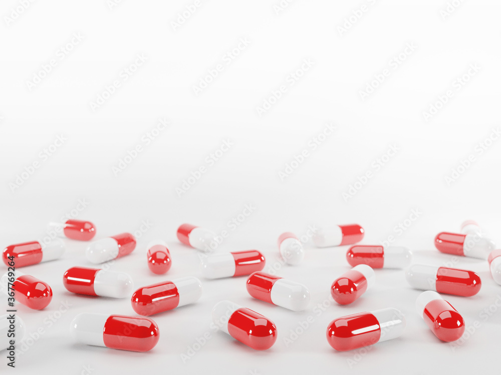 Close-up scattered drug of red medicine capsules on white background. Medical, healthcare and pharmacy concept. Copy and empty space for text. 3D rendering. Close-up scattered drug of red medicine capsules on white background. Medical, healthcare and pharmacy concept. Copy and empty space for text. 3D rendering.
