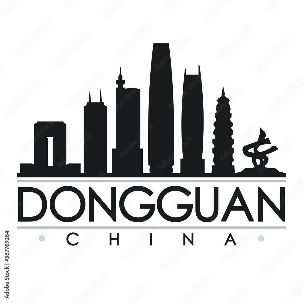Dongguan China Skyline Silhouette City. Cityscape Design Vector. Famous Monuments Tourism.