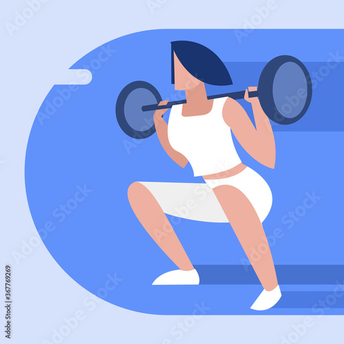 Illustration of a girl doing squats with weights in the gym