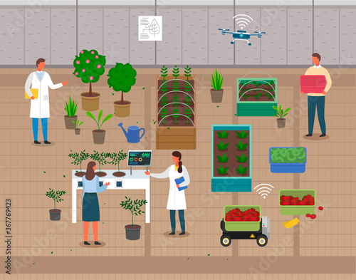 Urban agriculture. Growers using modern technologies for urban agriculture to control process of growing organical natural food. Developing farm infrastructure. Farmers scientists engineers grow eco