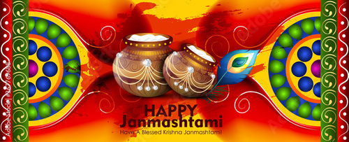 Celebrating happy Janmashtami festival of India with llustration of Lord Krishna playing bansuri (flute) and dahi handi competition - vector background