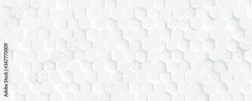 3D Futuristic honeycomb mosaic white background. Realistic geometric mesh cells texture. Abstract white vector wallpaper with hexagon grid © MarySan
