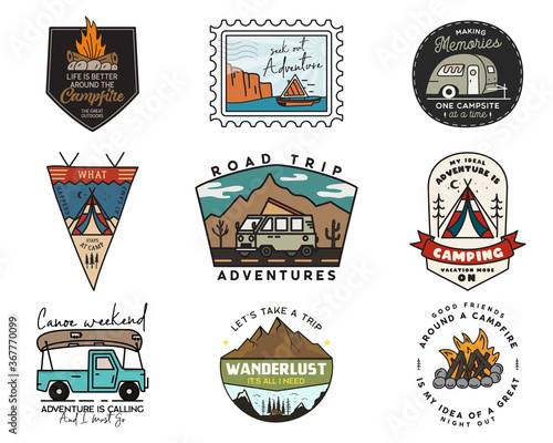 Camping adventure badges logos set, Vintage travel emblems. Hand drawn stickers designs bundle. Hiking road trip, rv, canoe labels. Outdoor camper insignias. Logotypes collection. Stock vector.