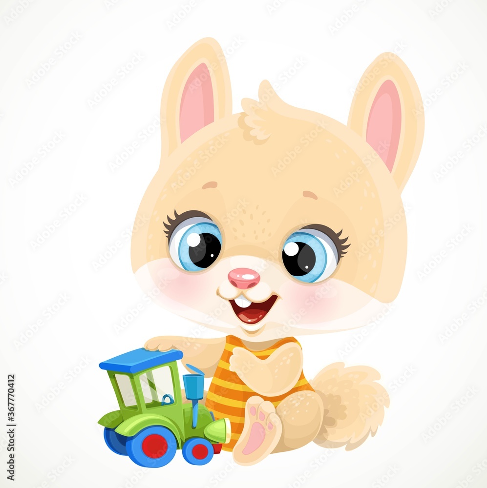 Fototapeta premium Cute little bunny boy playing with a toy tractor isolated on white background
