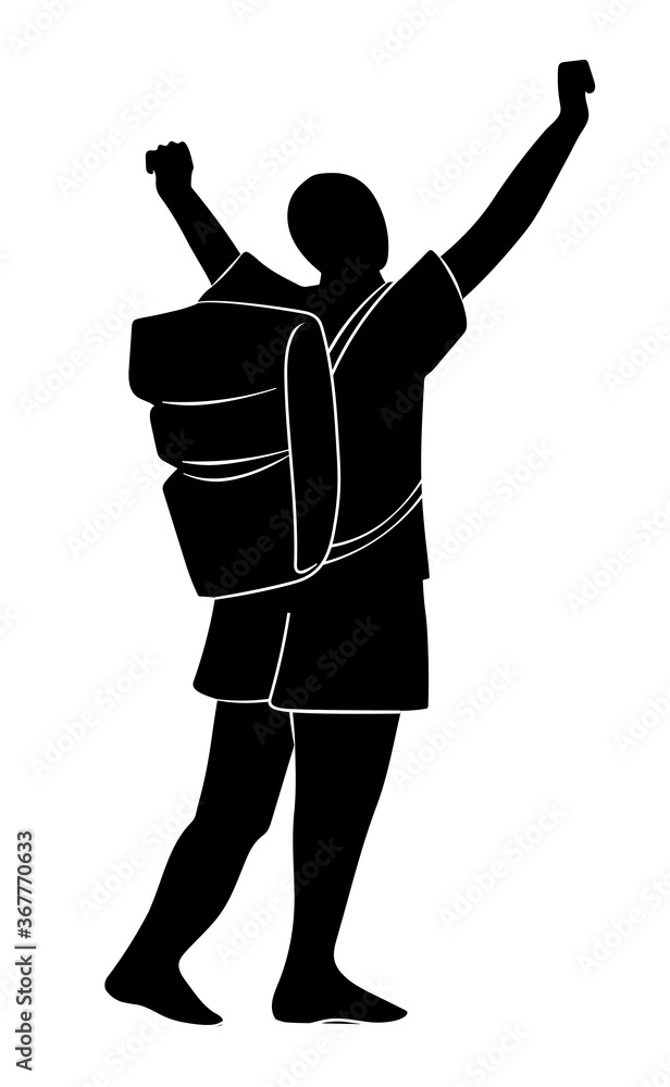 Silhouette of tourist with backpack with raised up hands. Concept of traveler conquer the peak. Isolated at white background man from back side wearing t-shirt and shorts. Raster simple icon Silhouette of tourist with backpack with raised up hands. Concept of traveler conquer the peak. Isolated at white background man from back side wearing t-shirt and shorts. Raster simple icon