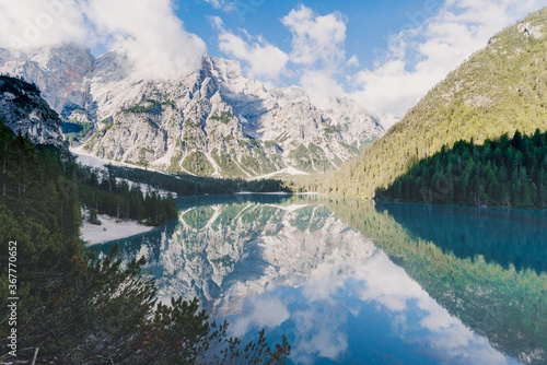 Picturesque view on beautiful mountain lake Lago di braies in the Dolomites Italy