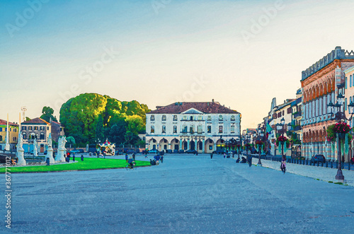 Watercolor drawing of Prato della Valle square in historical city centre of Padua photo